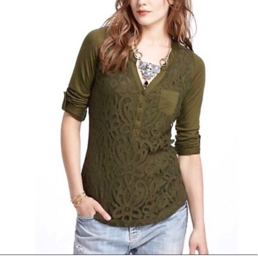 Vanessa Virginia Olive Green Lace Front Top